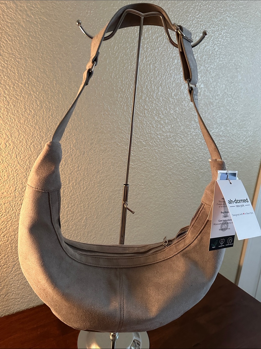 Ah-Dorned Taupe Suede Crescent Hobo Shoulder Bag